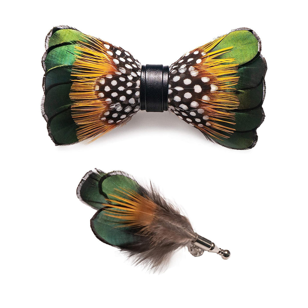 Noeud papillon vintage en plumes vert forêt et orange pour enfant avec épingle à revers