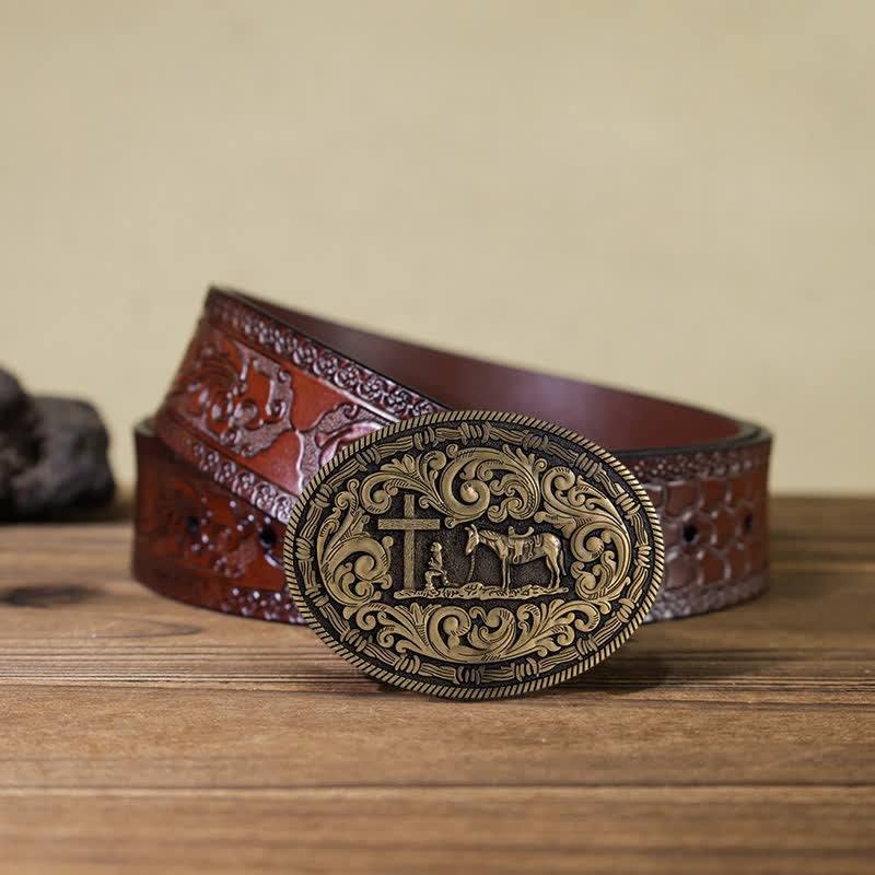 Ceinture en cuir à boucle ovale pour homme avec motif cowboy priant
