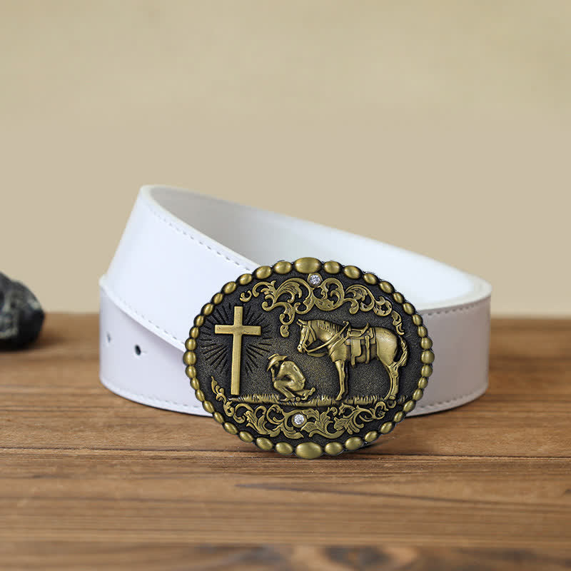Ceinture en cuir à boucle pour homme avec prière à genoux en croix