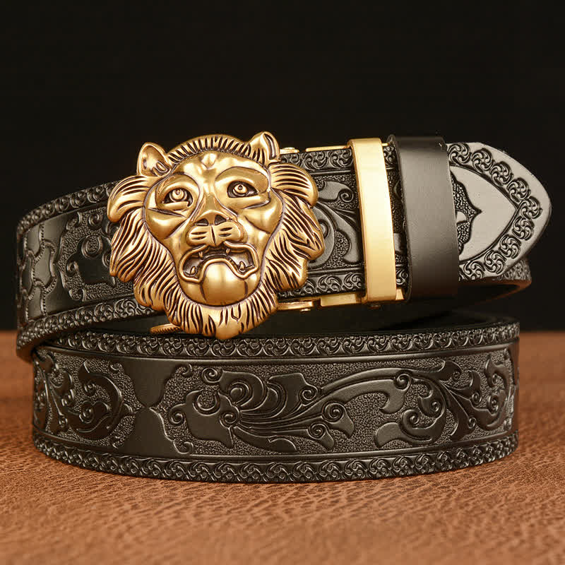 Ceinture en cuir pour homme avec tête de lion sculptée en 3D