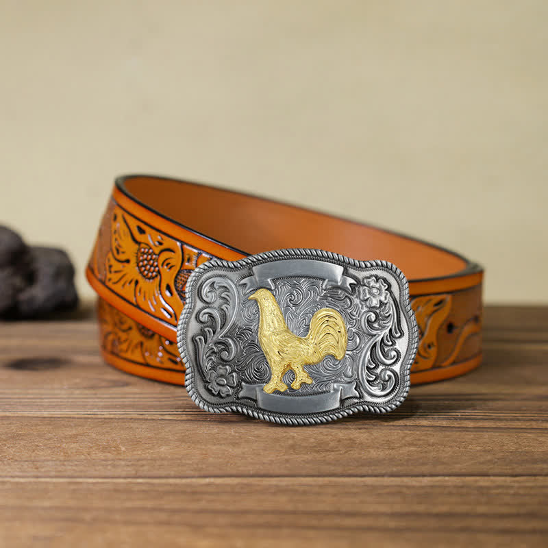 Ceinture en cuir à boucle animalière sculptée en or pour homme - Coq - Ceinture sculptée orange (40) - image 54