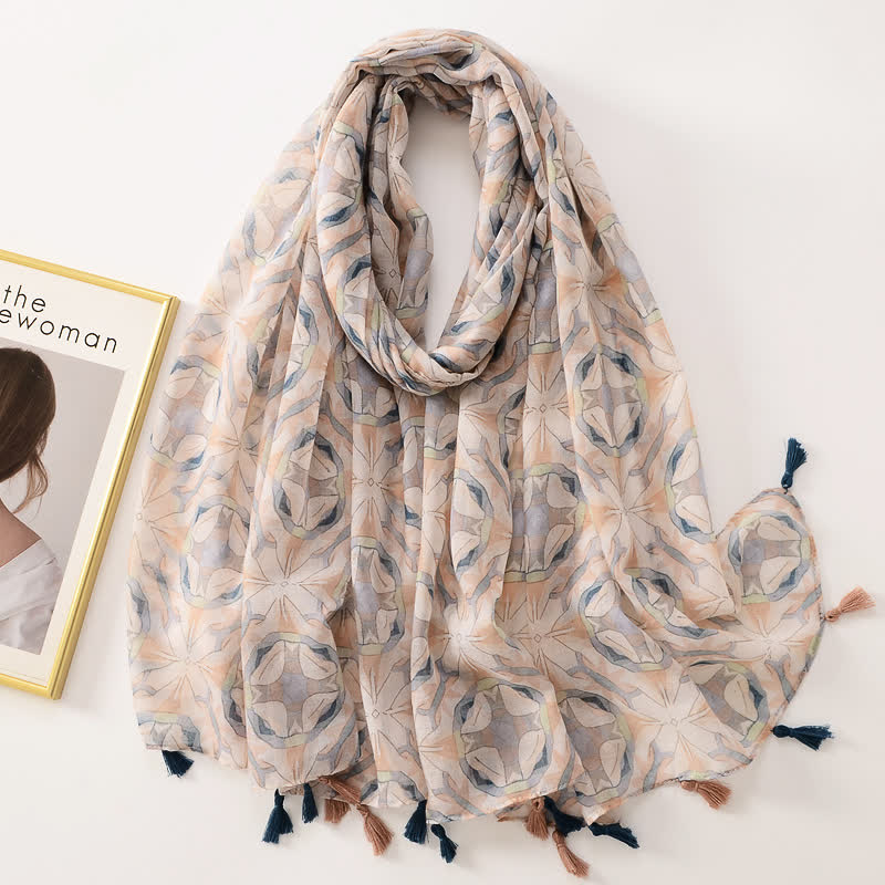 Écharpe fine à pompon et motif papillons floraux pour femme