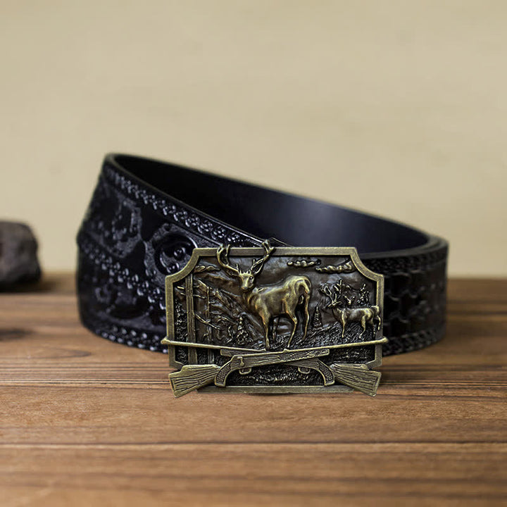 Ceinture en cuir à boucle pour homme avec fusil de chasse et cerf