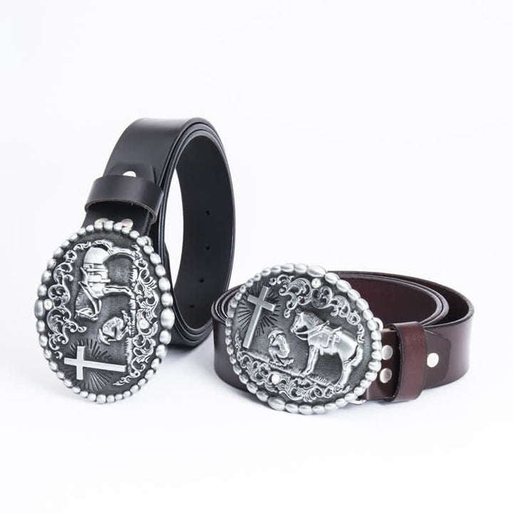 Ceinture en cuir pour homme avec croix de prière à genoux