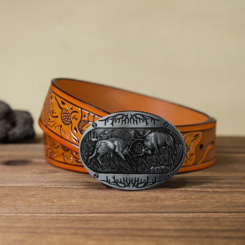 Ceinture en cuir western à boucle de cerf de combat sauvage pour homme