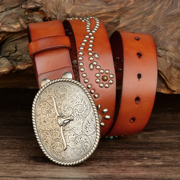 Ceinture en cuir véritable turquoise à rivets punk pour homme avec taureau à longues cornes