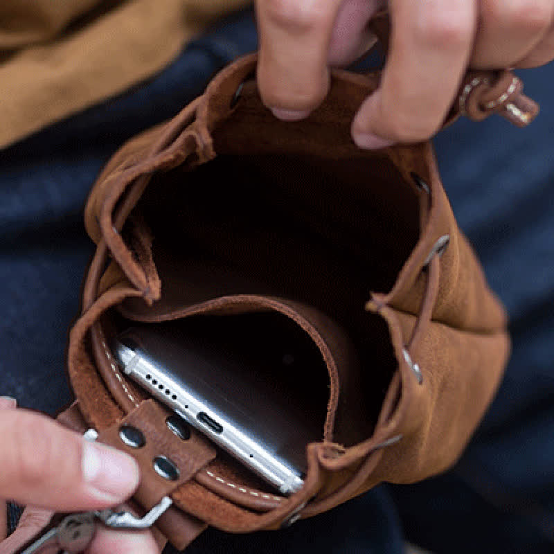 Petit portefeuille, porte-monnaie, sac ceinture en cuir avec cordon de serrage