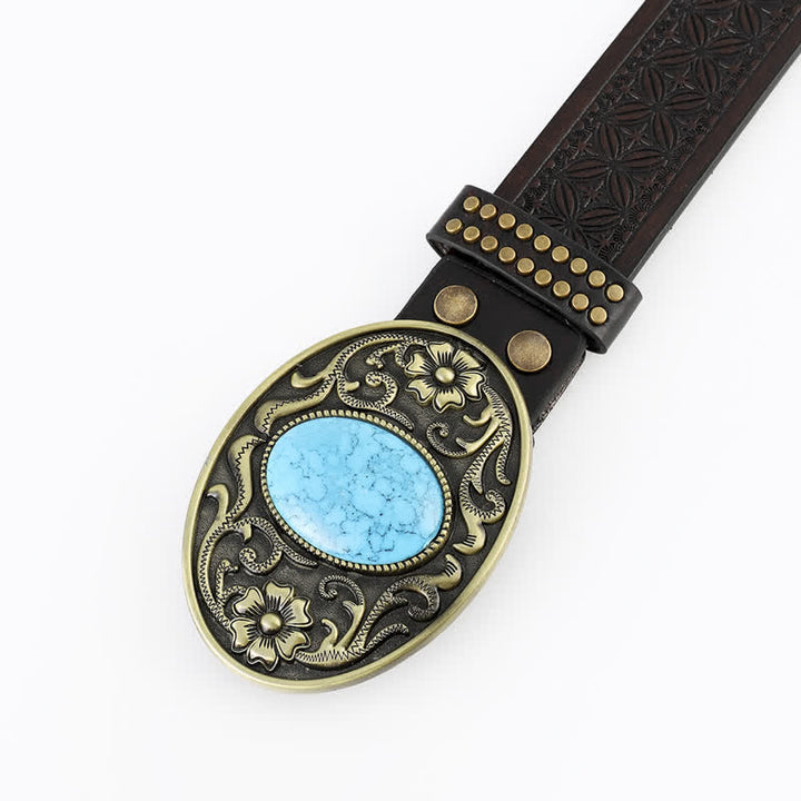 Ceinture en cuir turquoise ovale de style bohème pour homme