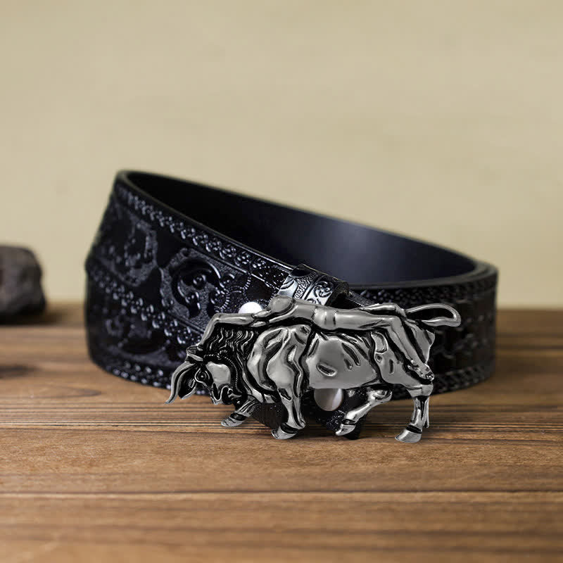 Ceinture en cuir véritable avec boucle en forme de taureau argenté pour homme