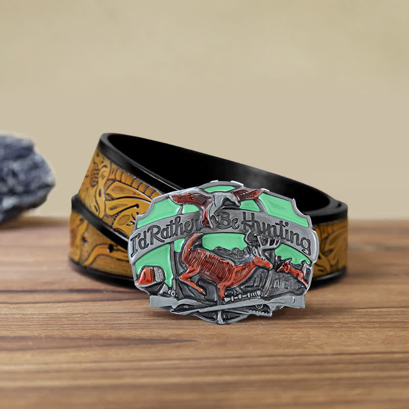 Ceinture en cuir à boucle pour homme avec motif de cerf de chasse dans la nature