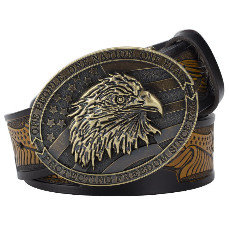 Ceinture en cuir à boucle pour homme avec tête d'aigle à tête blanche et drapeau américain
