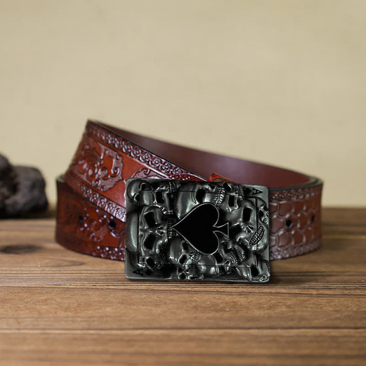 Ceinture en cuir à boucle tête de mort pour homme avec motif as de pique