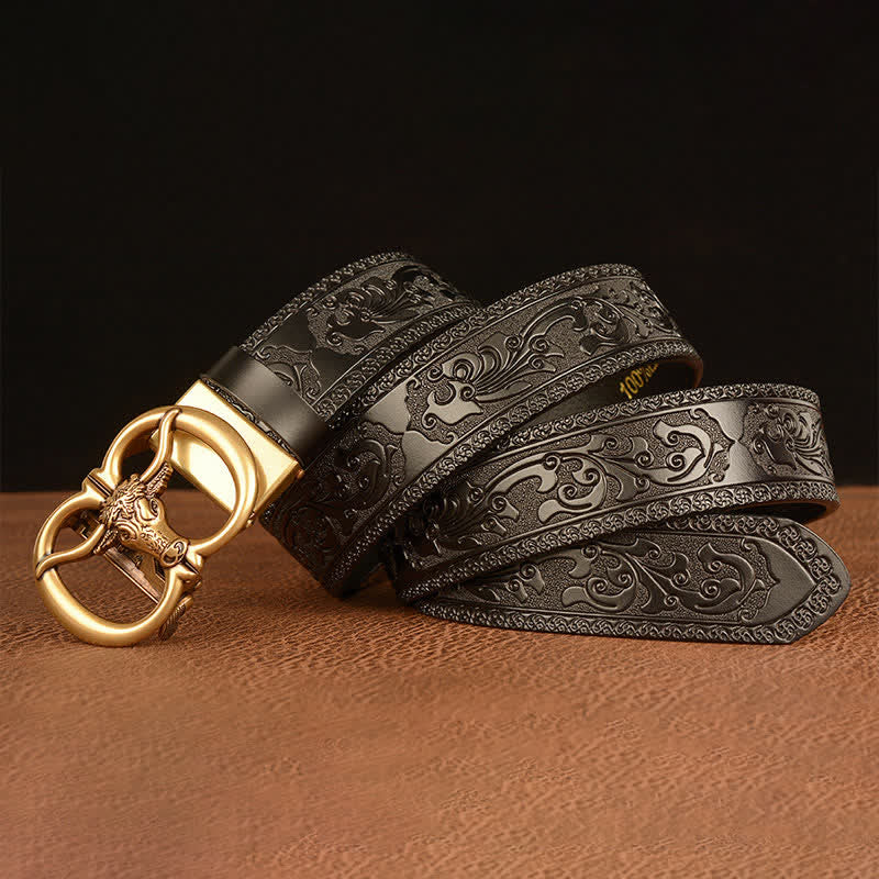 Ceinture en cuir avec boucle tête de taureau pour homme