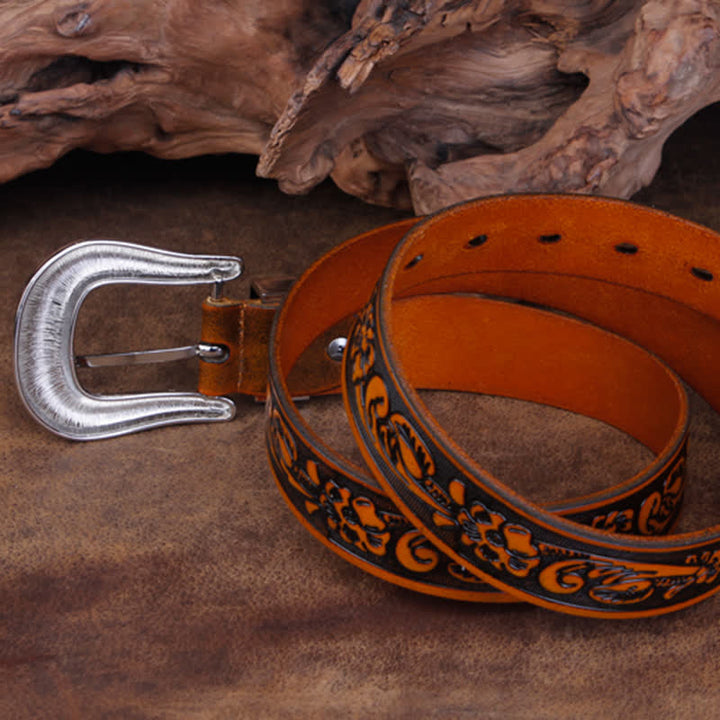 Ceinture unisexe vintage en cuir avec petit motif rose en relief