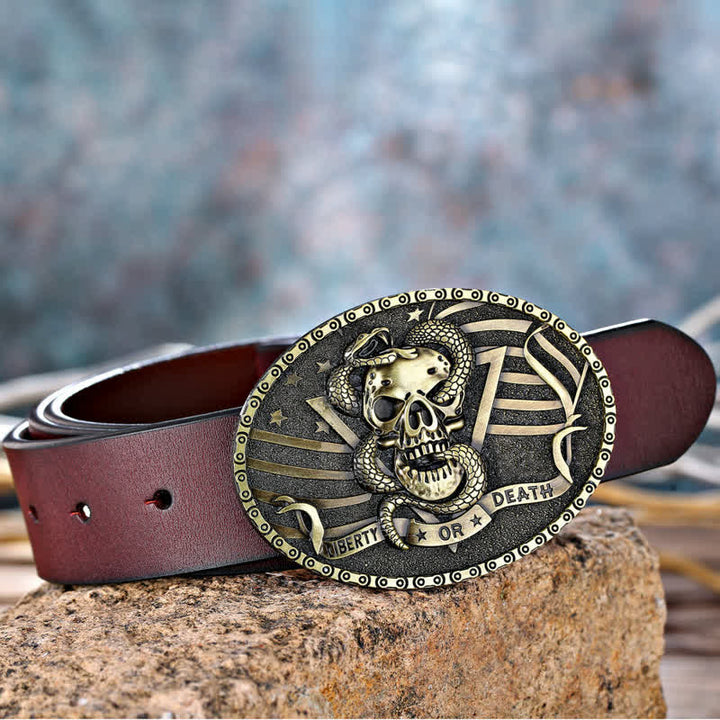 Ceinture en cuir à boucle tête de mort et serpent « Liberty or Death » pour homme