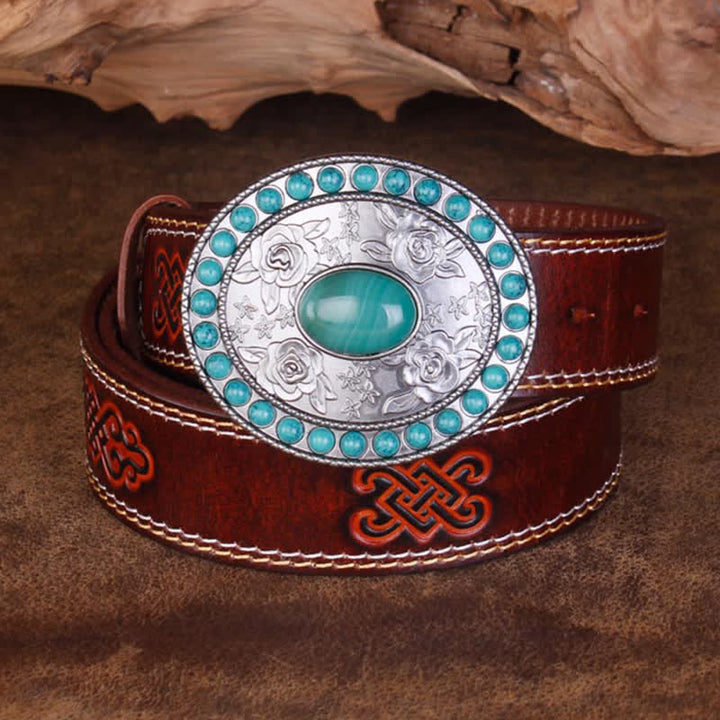 Ceinture unisexe en cuir sculpté avec agate de jade turquoise rose