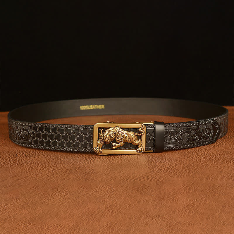 Ceinture en cuir à motif floral en relief avec boucle tigrée pour homme