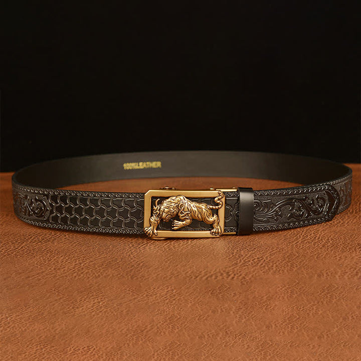 Ceinture en cuir à motif floral en relief avec boucle tigrée pour homme