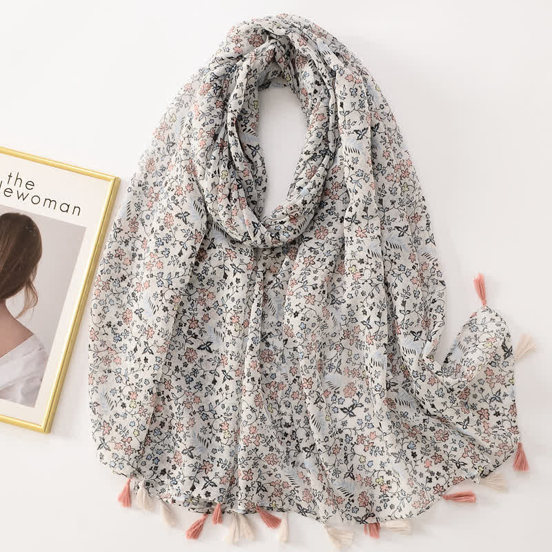 Écharpe fine à pompon et motif papillons floraux pour femme