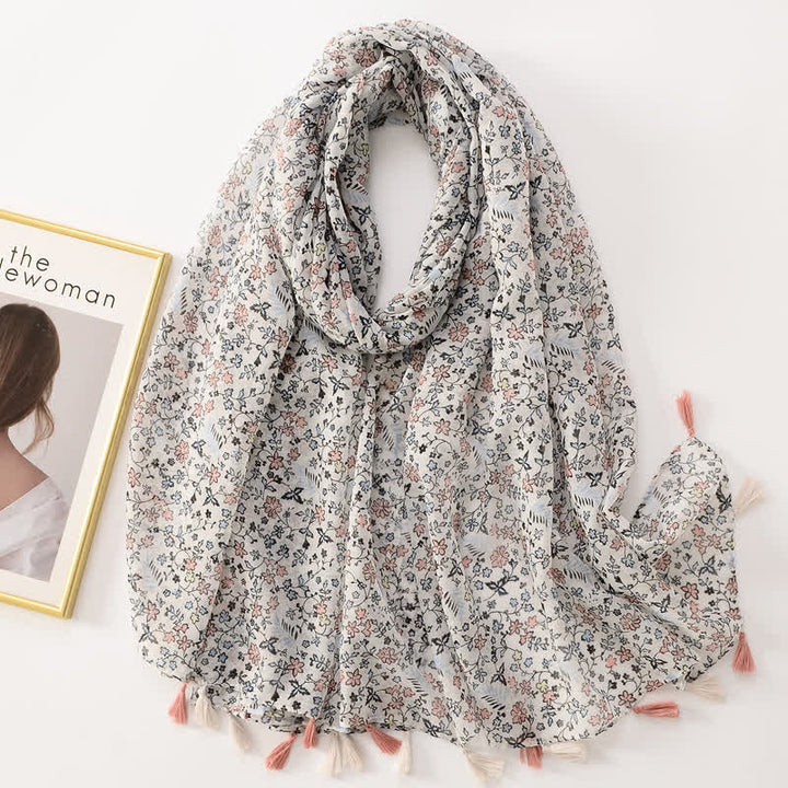 Écharpe fine à pompon et motif papillons floraux pour femme
