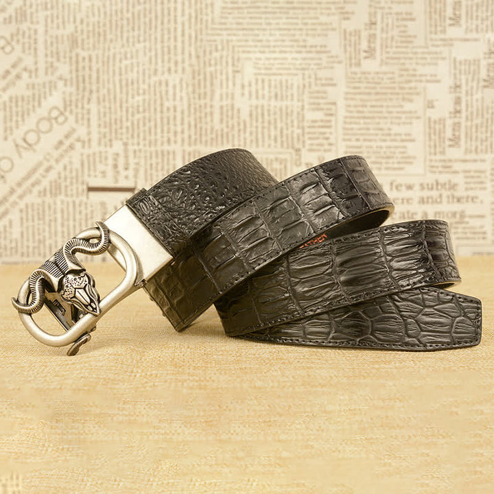 Ceinture en cuir à boucle automatique pour homme avec imprimé crocodile et tête de chèvre