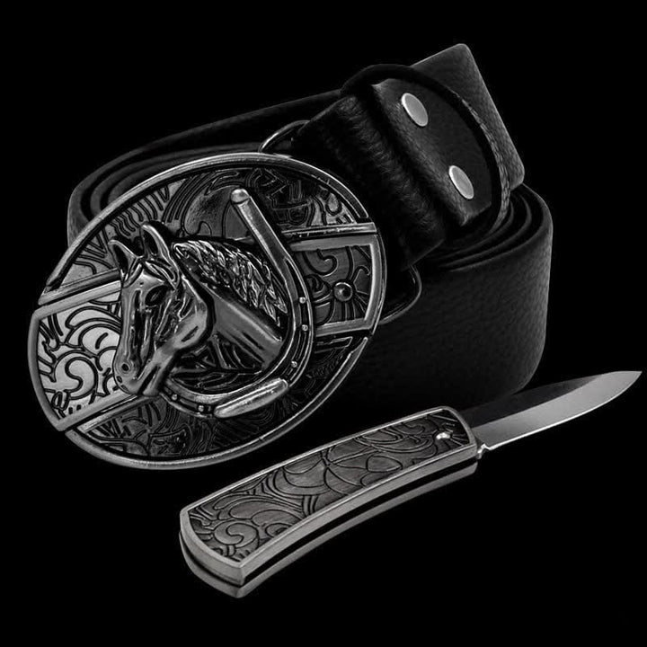 Ceinture en cuir pour homme avec tête de cheval et couteau pliant