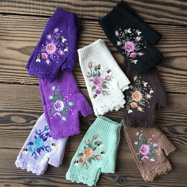 Gants tricotés demi-doigts brodés de fleurs pour femmes