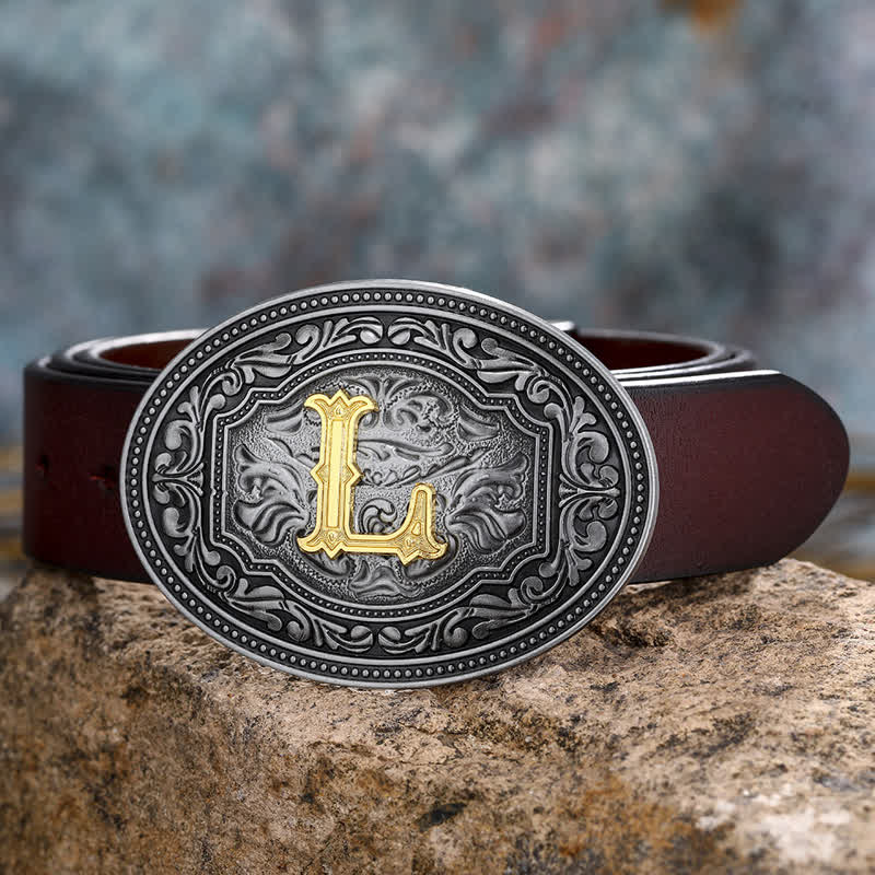 Ceinture en cuir unisexe style hip-hop avec boucle en relief et initiales