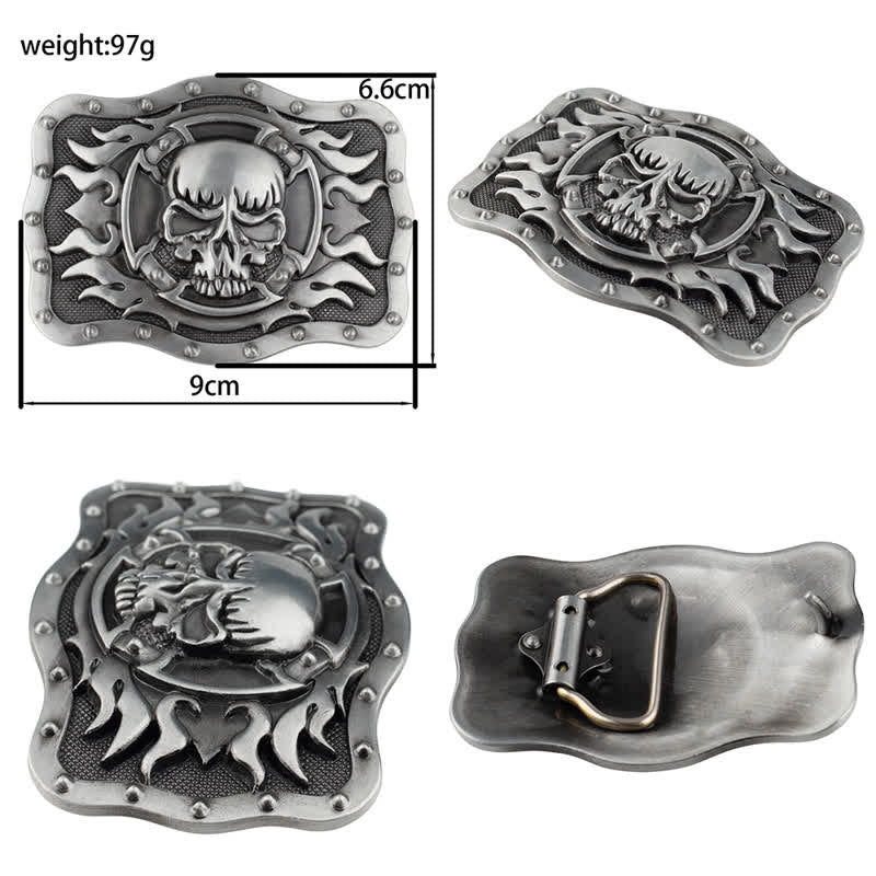 Ceinture rectangulaire en cuir pour homme avec tête de mort et flammes