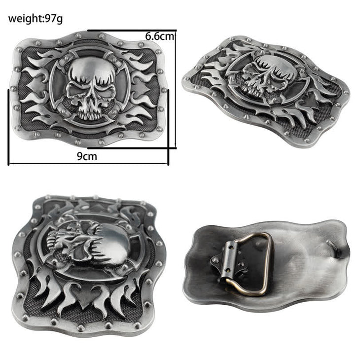 Ceinture rectangulaire en cuir pour homme avec tête de mort et flammes