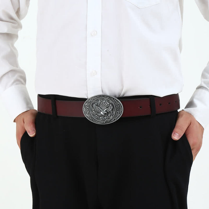Ceinture en cuir à boucle florale gravée Soaring Eagle pour homme