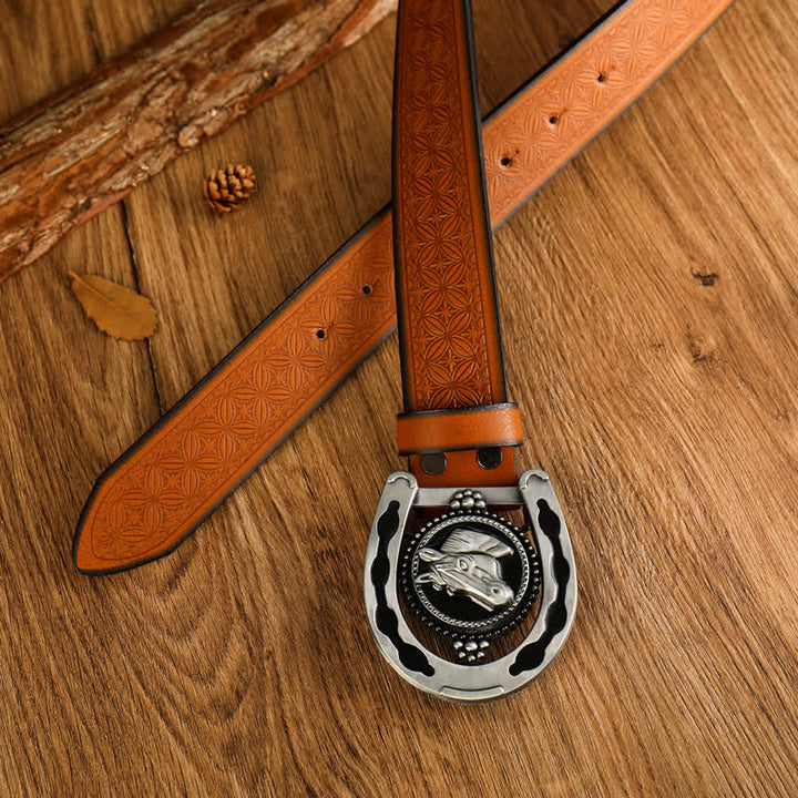 Ceinture en cuir western rétro en forme de fer à cheval pour homme