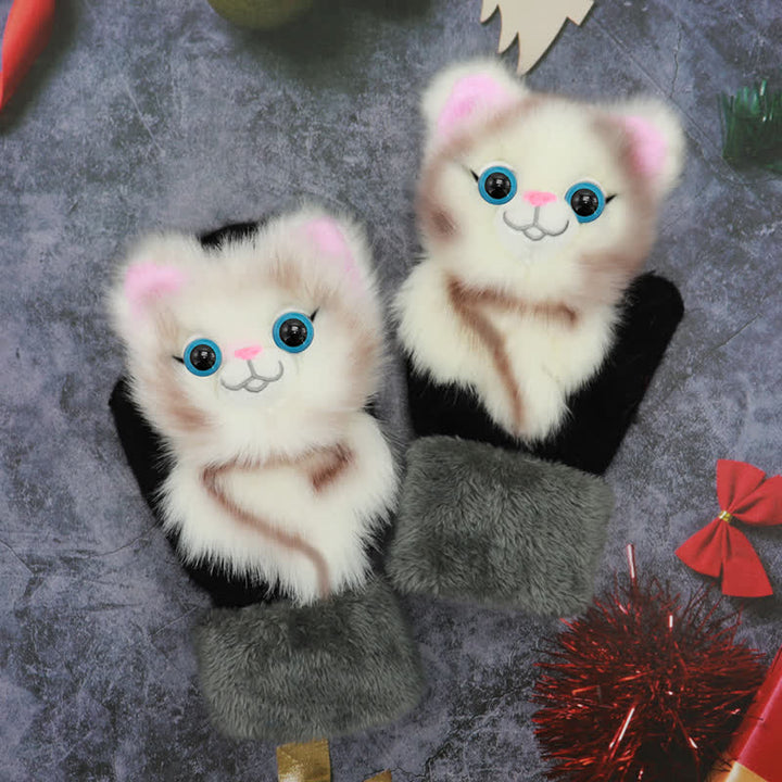 Gants mitaines en fourrure d'animaux mignons pour femmes - Chat ivoire - image 6