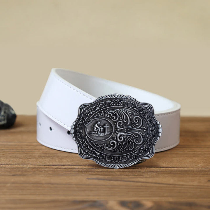 Ceinture en cuir à boucle gravée pour homme avec motif floral et prière sincère