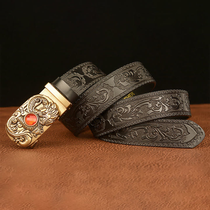 Ceinture en cuir pour homme avec pierre précieuse gravée en forme de dragon