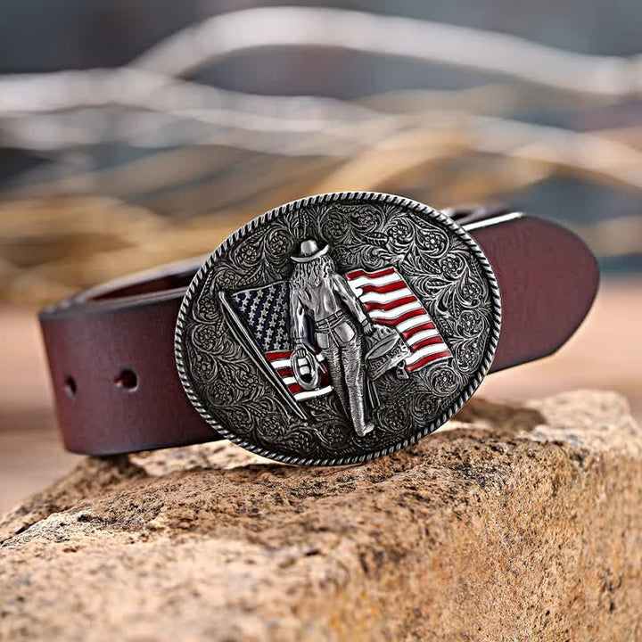Ceinture en cuir à boucle drapeau américain pour homme avec motif cowboy
