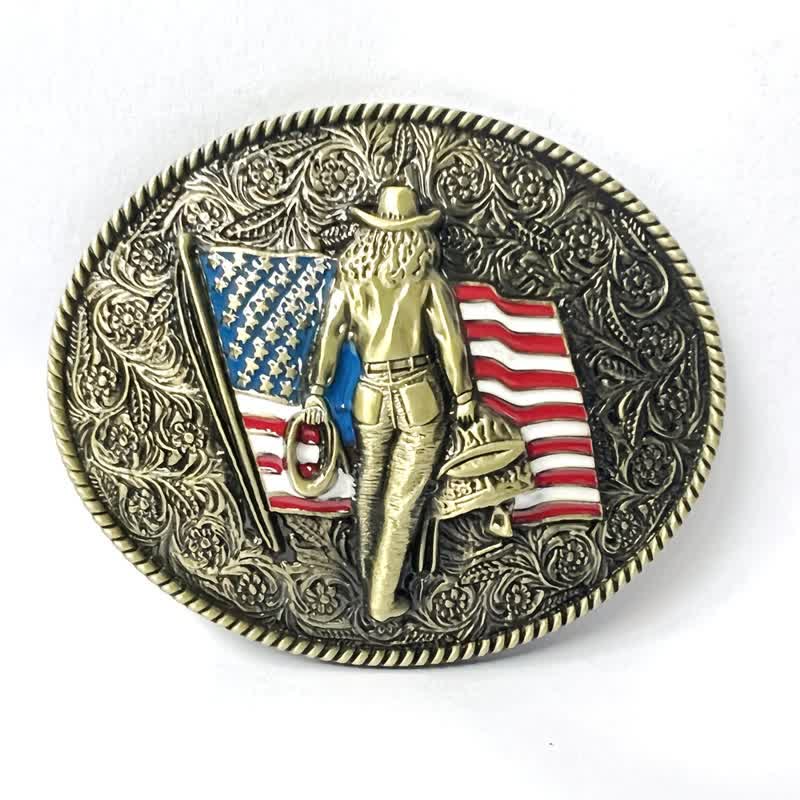 Ceinture en cuir à boucle drapeau américain pour homme avec motif cowboy
