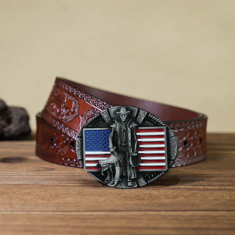 Ceinture en cuir à boucle de cowboy avec drapeau américain pour homme