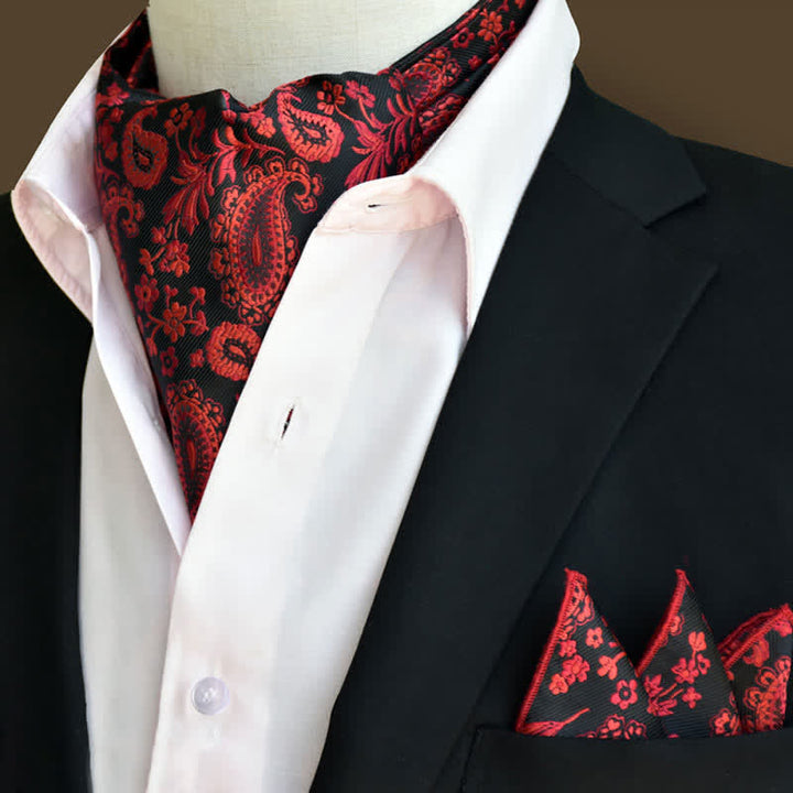 Ensemble de 2 mouchoirs de poche et cravates à motif cachemire floral rouge et noir de luxe
