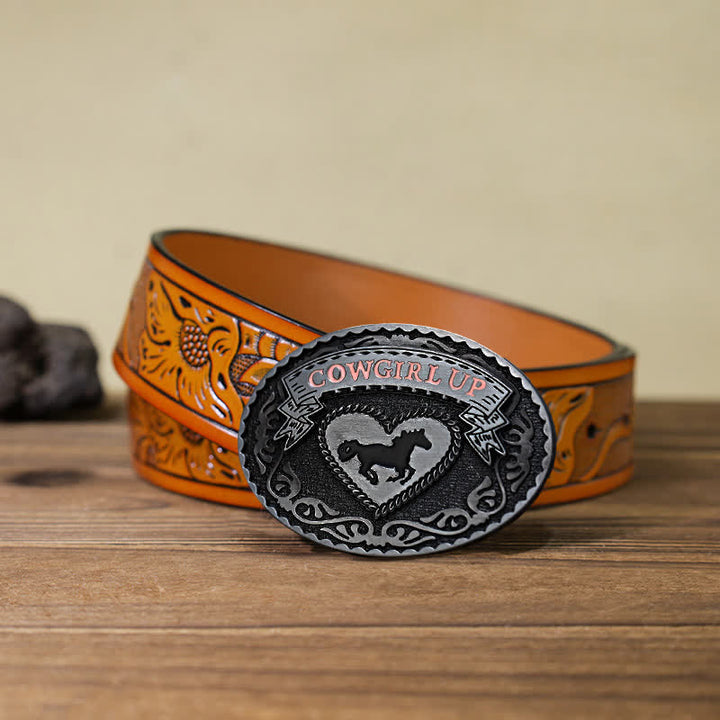 Ceinture en cuir à boucle relevée argentée pour femme avec motif cowgirl