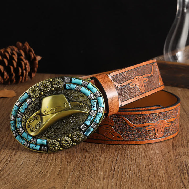 Ceinture en cuir avec chapeau de cowboy doré pour homme et décor turquoise