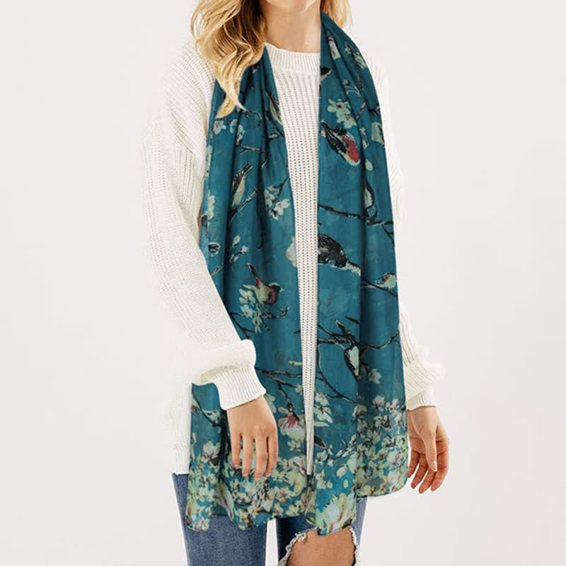Écharpe légère à imprimé floral et oiseaux pour femme