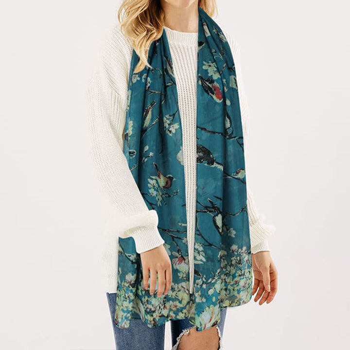 Écharpe légère à imprimé floral et oiseaux pour femme