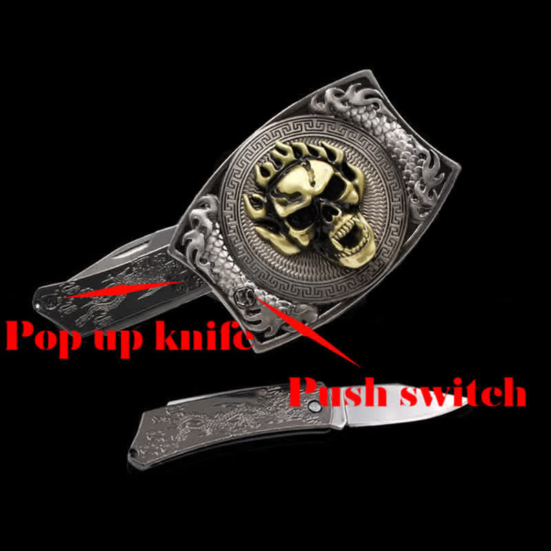 Ceinture en cuir pour homme avec couteau pliant caché et tête de mort en flamme - image 2