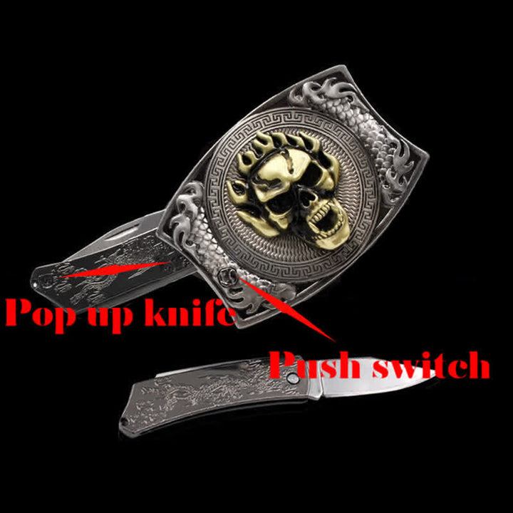 Ceinture en cuir pour homme avec couteau pliant caché et tête de mort en flamme - image 2