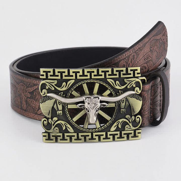 Ceinture en cuir pour homme avec boucle creuse en bronze et taureau