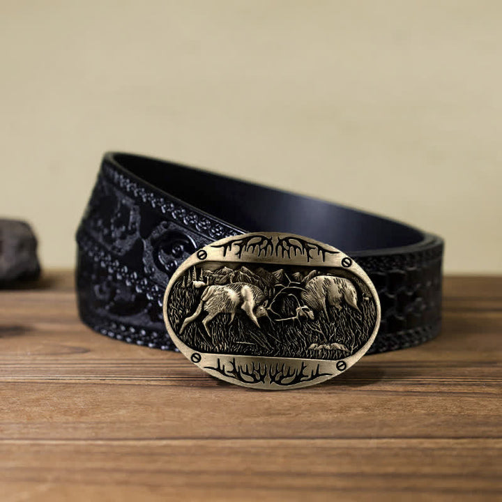 Ceinture en cuir western à boucle de cerf de combat sauvage pour homme