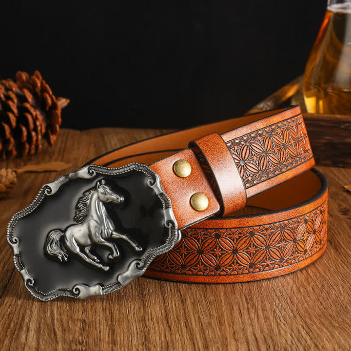 Ceinture en cuir noir argenté pour homme avec cheval au galop