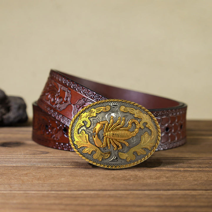 Ceinture en cuir à boucle scorpion doré pour homme