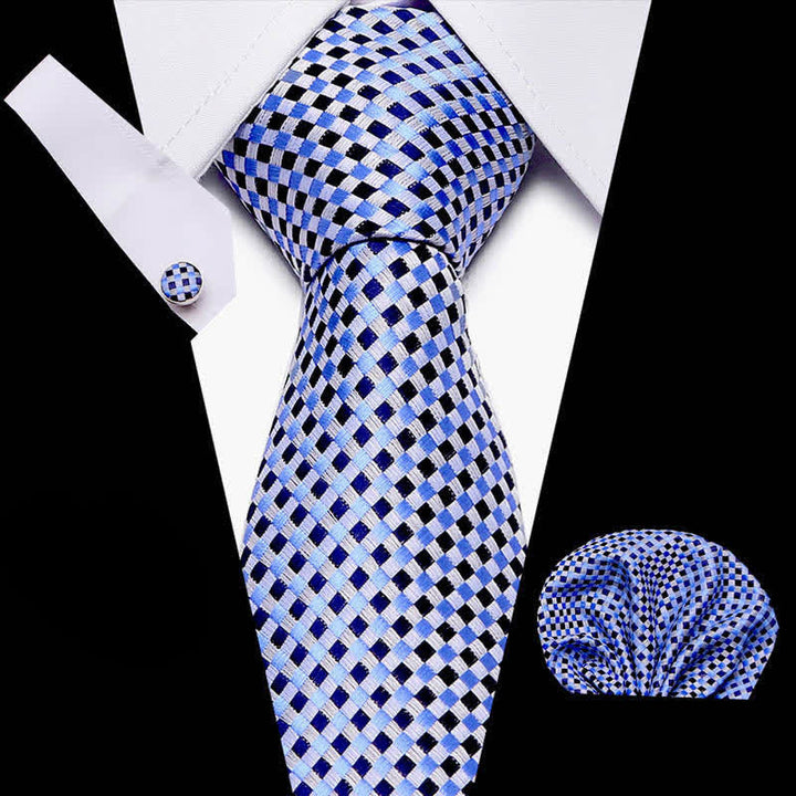 Ensemble de 3 cravates tissées à carreaux bleu et noir pour homme